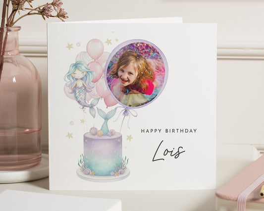 Personalised Birthday Card for Girl, Mermaid Birthday Card, Photo Birthday Card, Daughter Birthday Card, Granddaughter Card, Niece Card