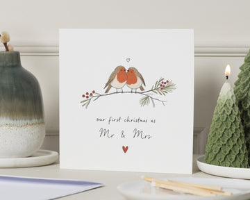First Christmas Card, 1st Christmas as Mr and Mrs Card, Newlywed Christmas Card, Christmas Card for Husband or Wife, Robin Christmas Card