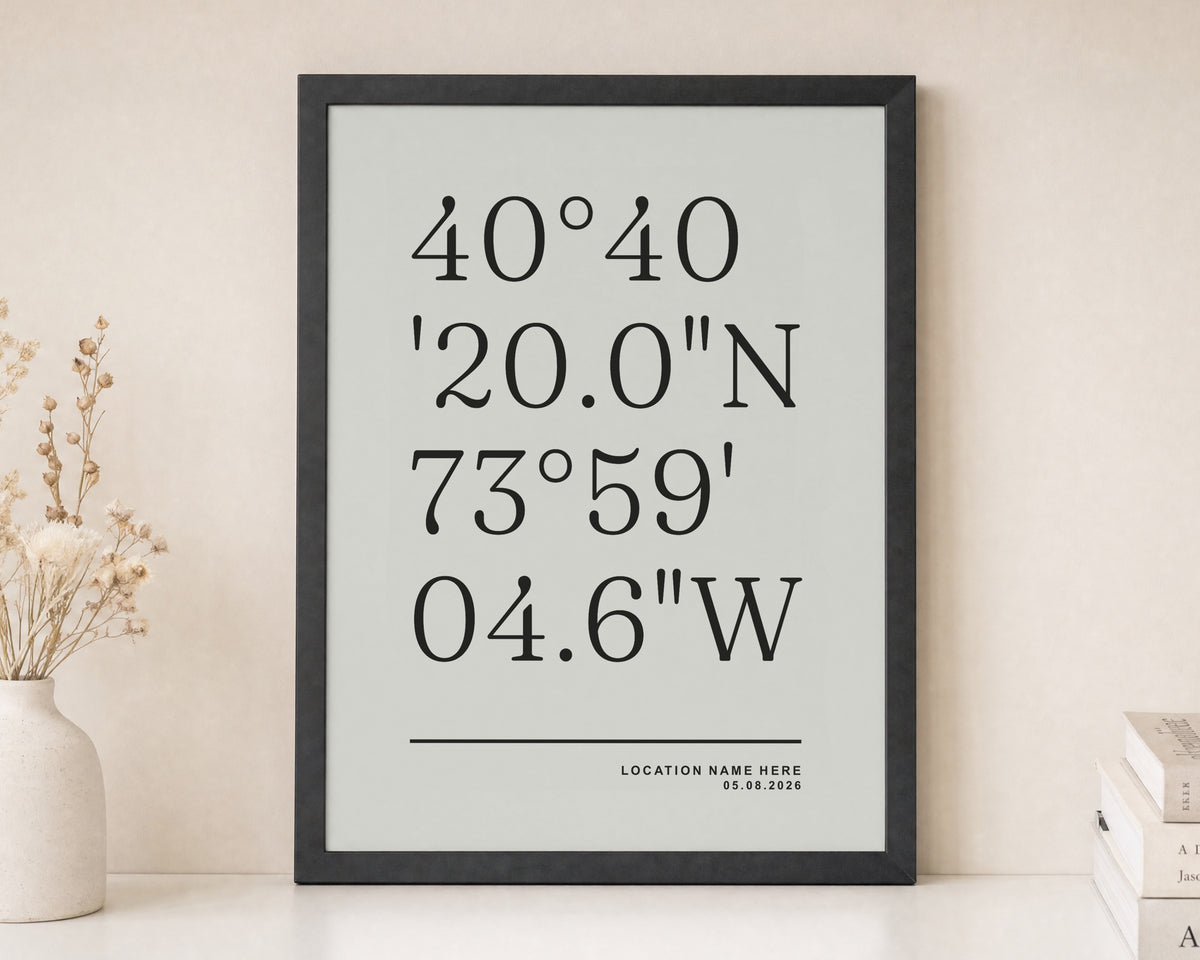 Personalised Coordinates Print, Custom Location Wall Art, Neutral Portrait Print, New Home Gift, Anniversary Gift, Black Framed Print
