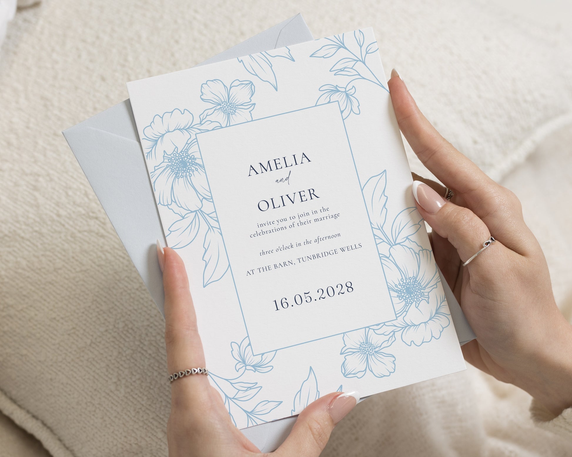 Dusty Blue Floral Wedding Invitations, Botanical Wedding Invite, Elegant Garden Wedding Stationery, Personalised Invitation Suite
