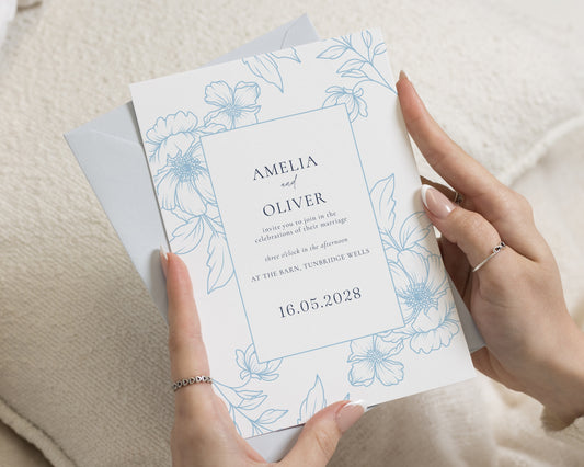 Dusty Blue Floral Wedding Invitations, Botanical Wedding Invite, Elegant Garden Wedding Stationery, Personalised Invitation Suite