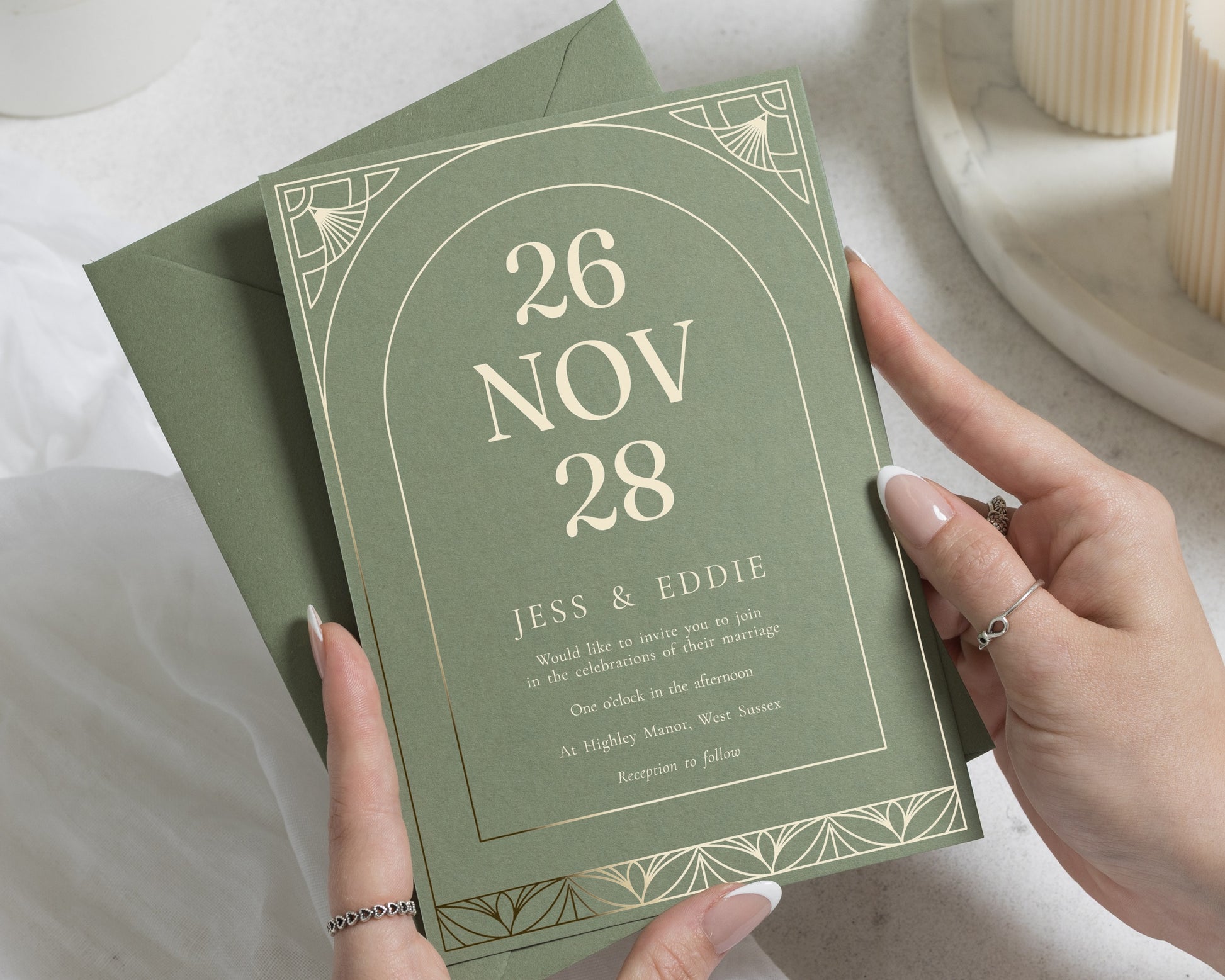Gold Foil Wedding Invitations, Art Deco Wedding Invite, Sage Green Personalised Wedding Invitation, Elegant Typography Invite