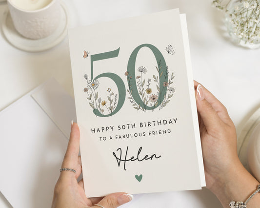 50th Birthday Card for Friend, Personalised Birthday Card, Floral Birthday Card for Her, 50th Birthday Cards, Fabulous Friend Card