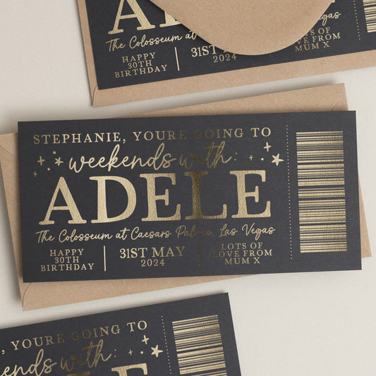 Personalised Gold Foil Scratch Gift Voucher, Adele Gig Ticket Gift Voucher, Scratch Reveal Gift, Scratch To Reveal, Gig Ticket