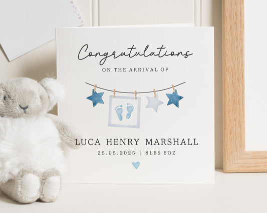 New Baby Card, Personalised Baby Boy Card, Congratulations Card, Baby Arrival Card, Custom Baby Name Card, Baby Boy Gift, Newborn Card