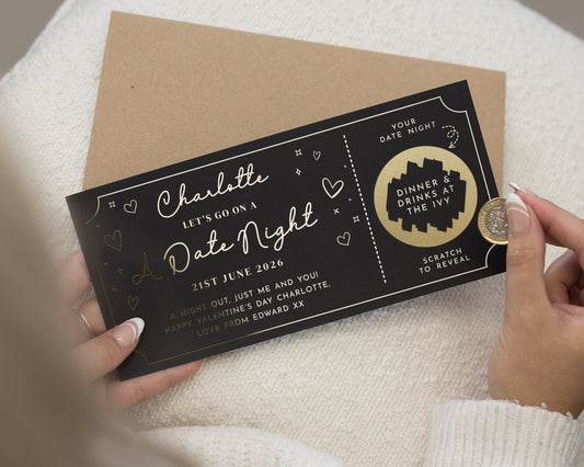 Personalised Date Night Gift Voucher, Date Night Reveal, Custom Gift Voucher, Gold Foil, Scratch to Reveal