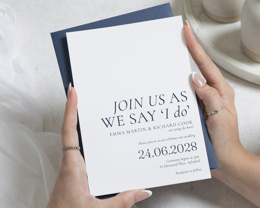 Navy Blue Wedding Invitations, Minimalist Wedding Invite, Elegant Typography Invitation Suite, Personalised Wedding Stationery