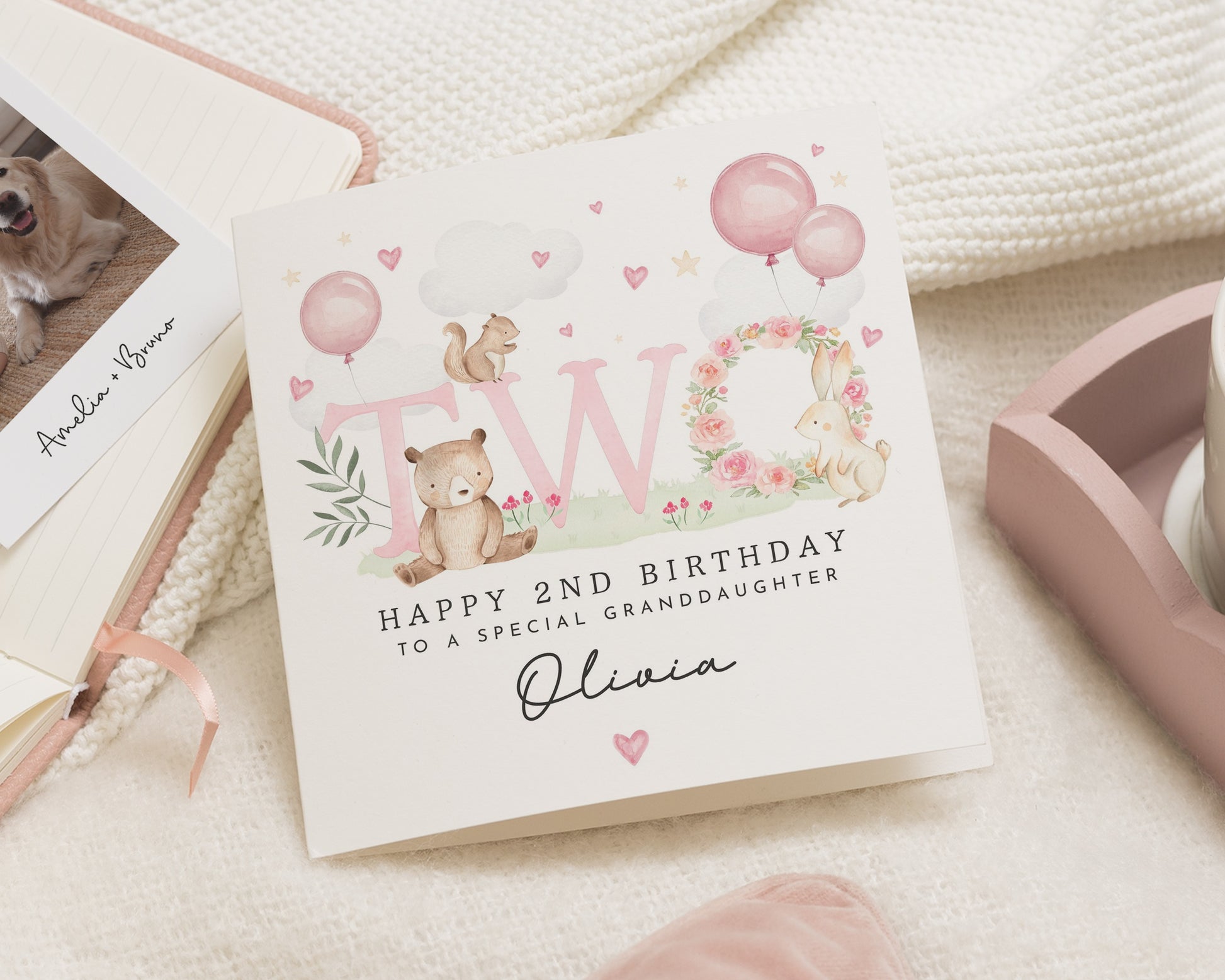 2nd Birthday Card for Granddaughter, Granddaughter Birthday Card, Personalised Birthday Card for Girl, Cute Animal Card
