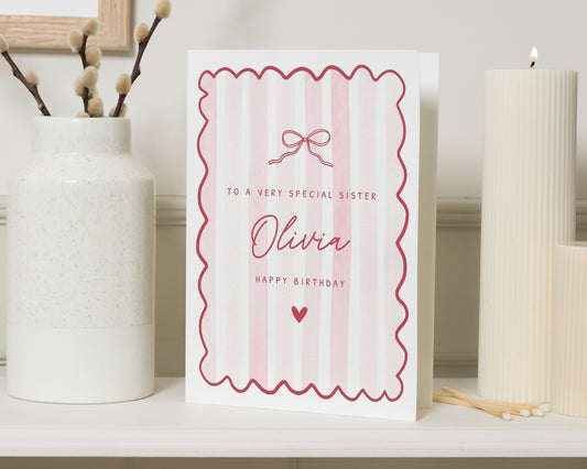 Sister Birthday Card, Personalised Birthday Card for Sister, Birthday Card for Her, Special Sister Card, Pink Bow Birthday Card