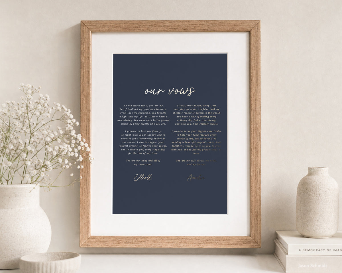 Personalised Gold Foil Wedding Vows Print, Navy Blue Wall Art, Anniversary Gift, Gift for Couple, Romantic Bedroom Print