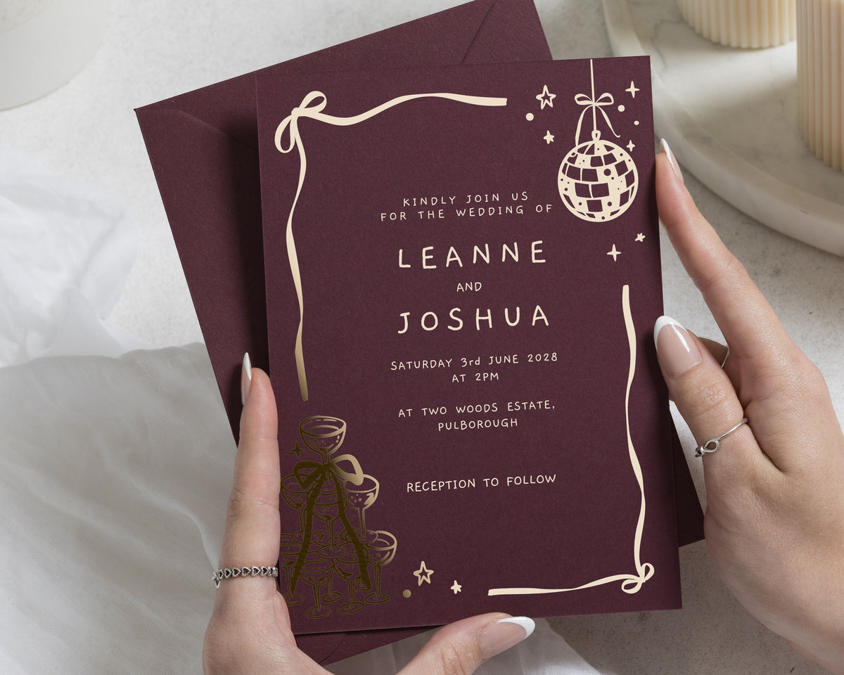 Gold Foil Wedding Invitations, Burgundy Party Wedding Invite, Disco Ball Invitation, Personalised Celebration Wedding Stationery