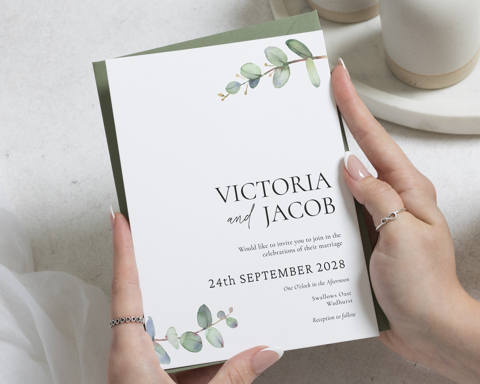 Sage Green Wedding Invitations, Eucalyptus Wedding Invite, Botanical Greenery Wedding Stationery, Personalised Invitation Suite