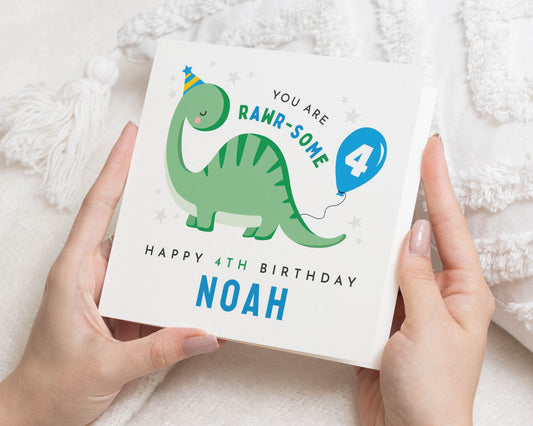 4th Birthday Card for Boy, Dinosaur Birthday Card, Personalised Birthday Card for Kids, Birthday Card for Son, Cute Birthday Card