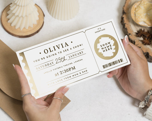 Personalised Theatre Ticket Gift, Gold Foil Show Reveal Voucher, Custom Experience Gift, Scratch To Reveal Concert Ticket