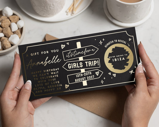 Girls Trip Scratch to Reveal Voucher, Personalised Birthday Gift Voucher, Holiday Reveal Card for Her, Weekend Away Gift