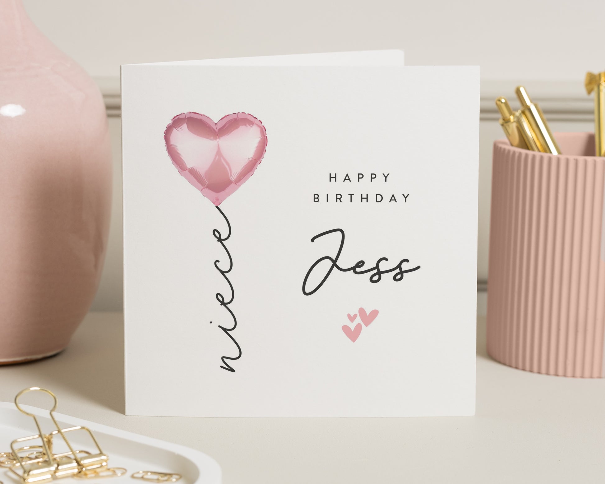 Personalised Birthday Card for Her, Birthday Card for Friend, Custom Name Birthday Card, Pink Heart Balloon Card, Birthday Cards for Women