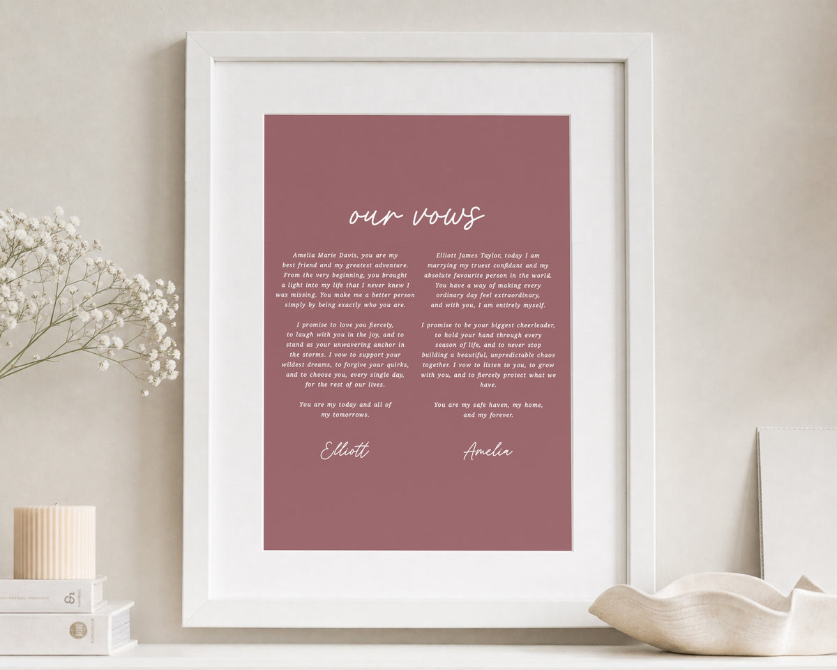 Personalised Wedding Vows Print, Dusky Pink Wall Art, Custom Vow Print, Wedding Gift for Couple, Romantic Bedroom Wall Art