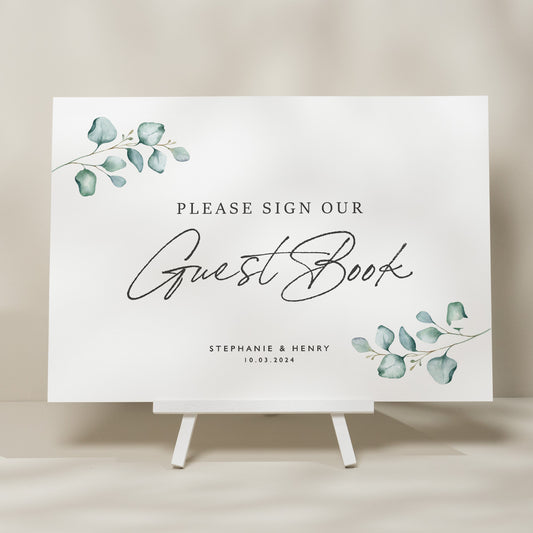 Eucalyptus Wedding Guest Book Sign, Sign Our Guest Book Sign, Sign For Wedding Guest Book, Personalised Modern Wedding Signage &#39;Stephanie&#39;