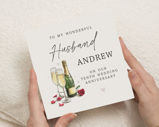 Anniversary Card for Husband, 10th Wedding Anniversary Card, Personalised Husband Anniversary Card, Champagne Anniversary Card