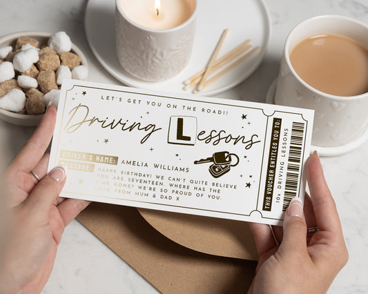 Personalised Driving Lessons Gift Voucher, Gold Foil Gift, Birthday Gift for Son Daughter, Scratch to Reveal
