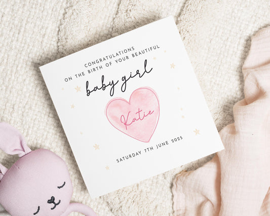 New Baby Girl Card, Personalised Baby Girl Card, Baby Girl Congratulations Card, Custom Baby Card, Baby Girl Birth Card