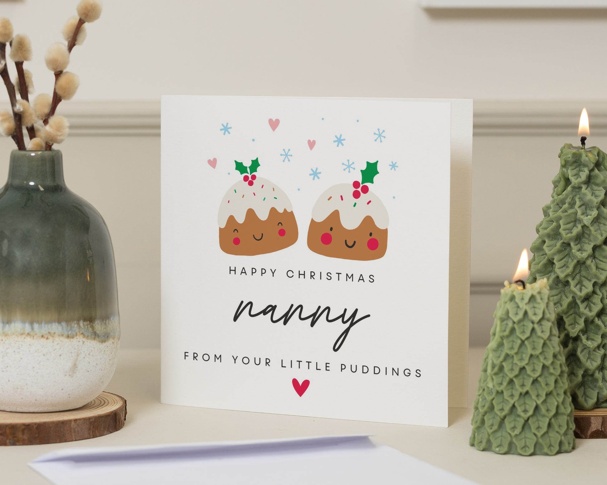 Christmas Card for Nanny, Cute Christmas Card for Grandma, Happy Christmas Nanny Card, Personalised Pudding Card, Card from Grandchildren