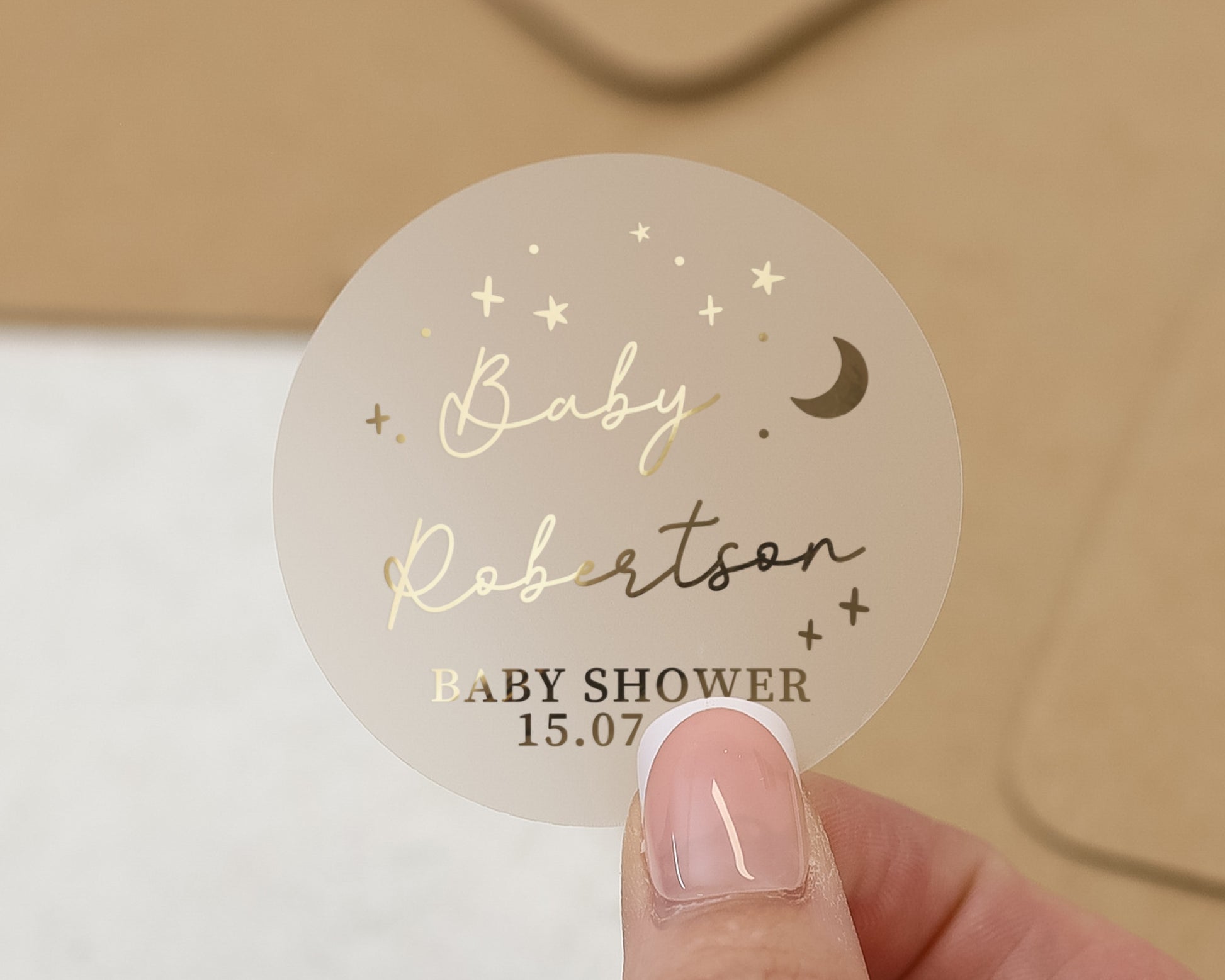 Baby Shower Sticker, Personalised Baby Shower Label, Custom Baby Name Sticker, Gold Foil Baby Shower Sticker