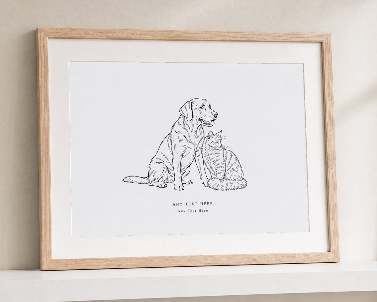 Personalised Pet Print from Your Photo, Dog and Cat Line Art, Custom Pet Name Print, Pet Owner Gift, Landscape Wall Art, Oak Framed Print