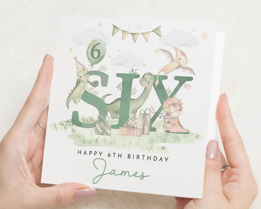 6th Birthday Card, Dinosaur Birthday Card, Personalised Card for Boy, Birthday Card for Son, Cute Birthday Card