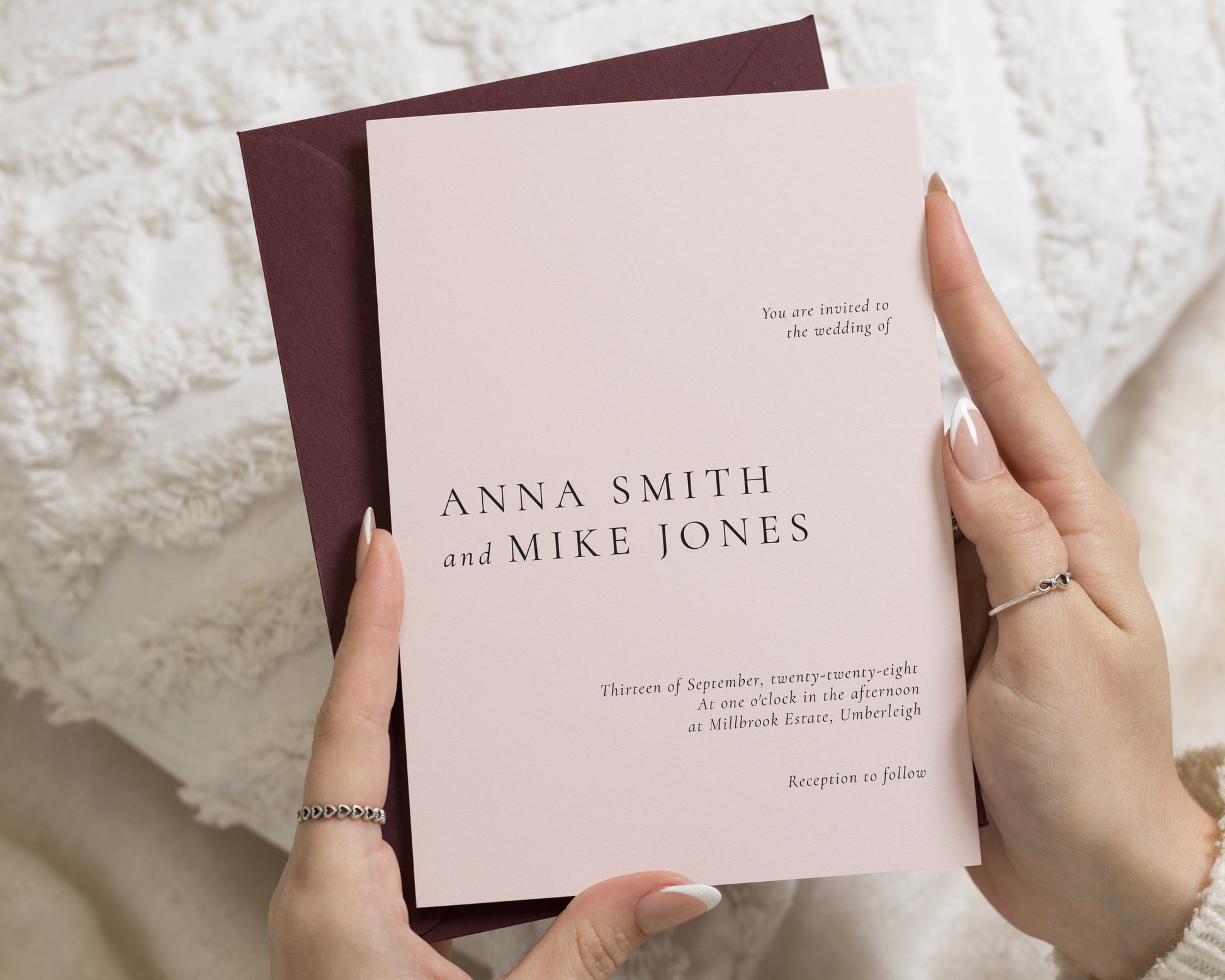 Nude Pink Wedding Invitations with Burgundy Envelopes, Minimalist Wedding Invites, Elegant Typography, Personalised Invitation Suite