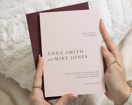 Nude Pink Wedding Invitations with Burgundy Envelopes, Minimalist Wedding Invites, Elegant Typography, Personalised Invitation Suite