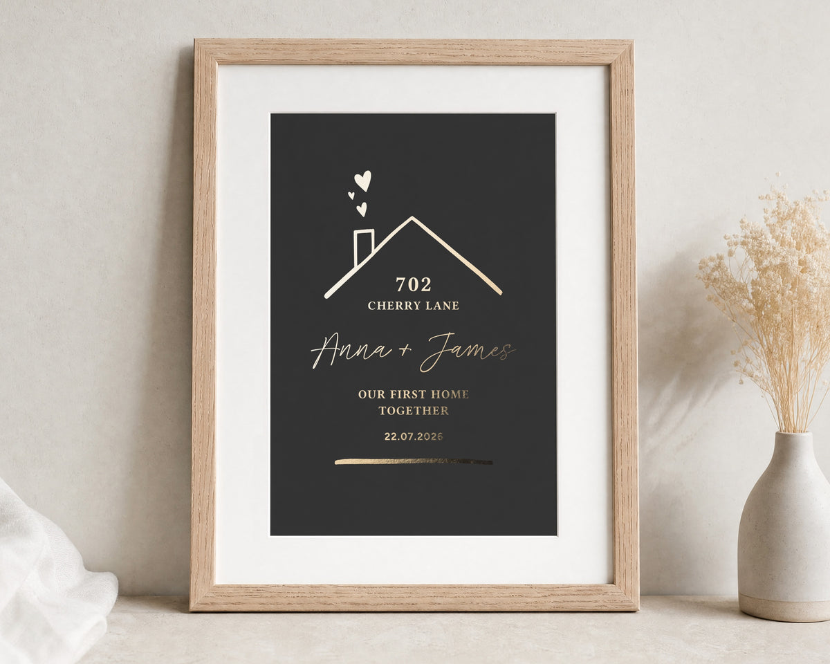 Personalised Gold Foil First Home Print, Black Wall Art, New Home Gift for Couple, House Warming Gift, Oak Framed Print with Mount