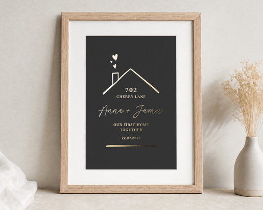 Personalised Gold Foil First Home Print, Black Wall Art, New Home Gift for Couple, House Warming Gift, Oak Framed Print with Mount