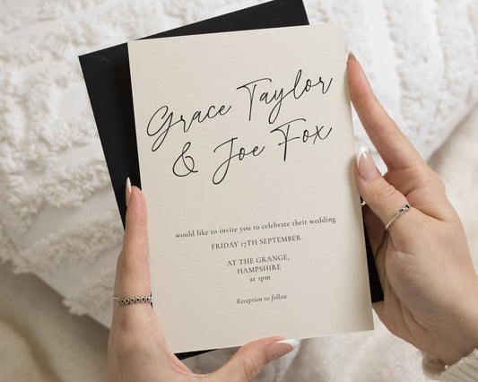 Ivory Wedding Invitations with Black Envelopes, Personalised Calligraphy Wedding Invites, Elegant Minimalist Wedding Stationery