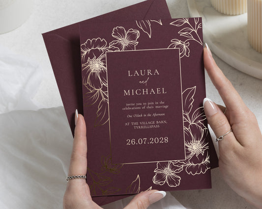 Gold Foil Floral Wedding Invitations, Burgundy Botanical Wedding Invites, Elegant Personalised Wedding Invitation