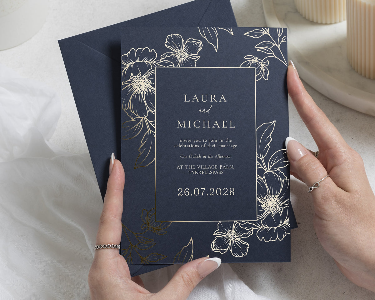 Gold Foil Floral Wedding Invitations, Navy Blue Wedding Invites, Elegant Botanical Invitation, Personalised Wedding Stationery