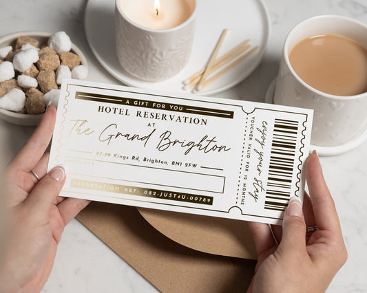 Personalised Hotel Reservation Gift Voucher, Gold Foil, Weekend Away Gift, Custom Holiday Reveal