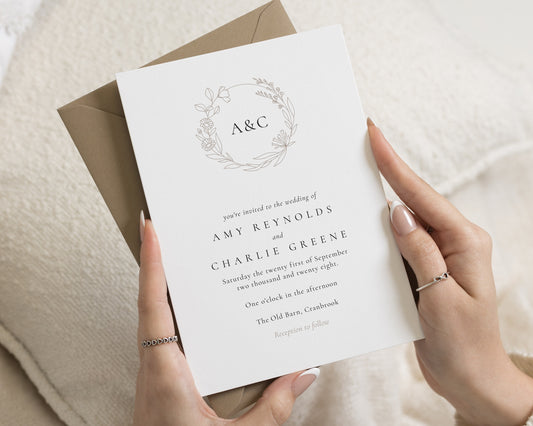 Botanical Monogram Wedding Invitations, Minimal Floral Wedding Invite, Elegant Wildflower Invitation Suite, Rustic Personalised Invites
