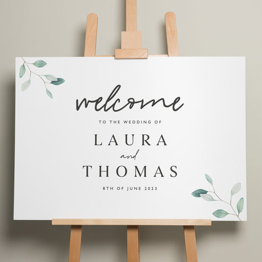 Wedding Welcome Sign, A1 Wedding Sign, Botanical Wedding Signage, Personalised Greenery Welcome Sign, Minimalist Wedding Design &#39;Laura&#39;