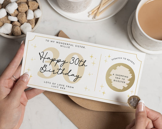 Personalised 30th Birthday Gift Voucher, Scratch To Reveal Shopping Trip, Custom Birthday Gift For Sister