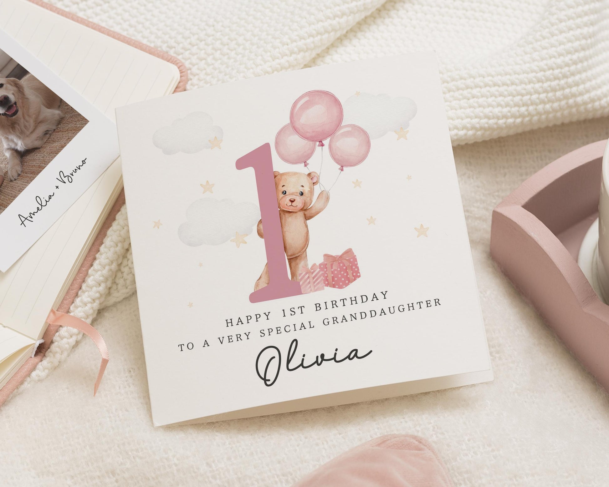 1st Birthday Card for Granddaughter, Personalised First Birthday Card, Cute Bear Birthday Card for Girl, 1st Birthday Card for Her