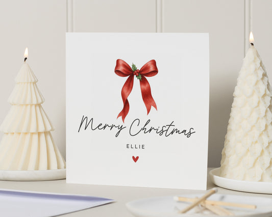 Personalised Christmas Card, Merry Christmas Card, Christmas Card for Her, Custom Name Christmas Card, Red Bow Christmas Card