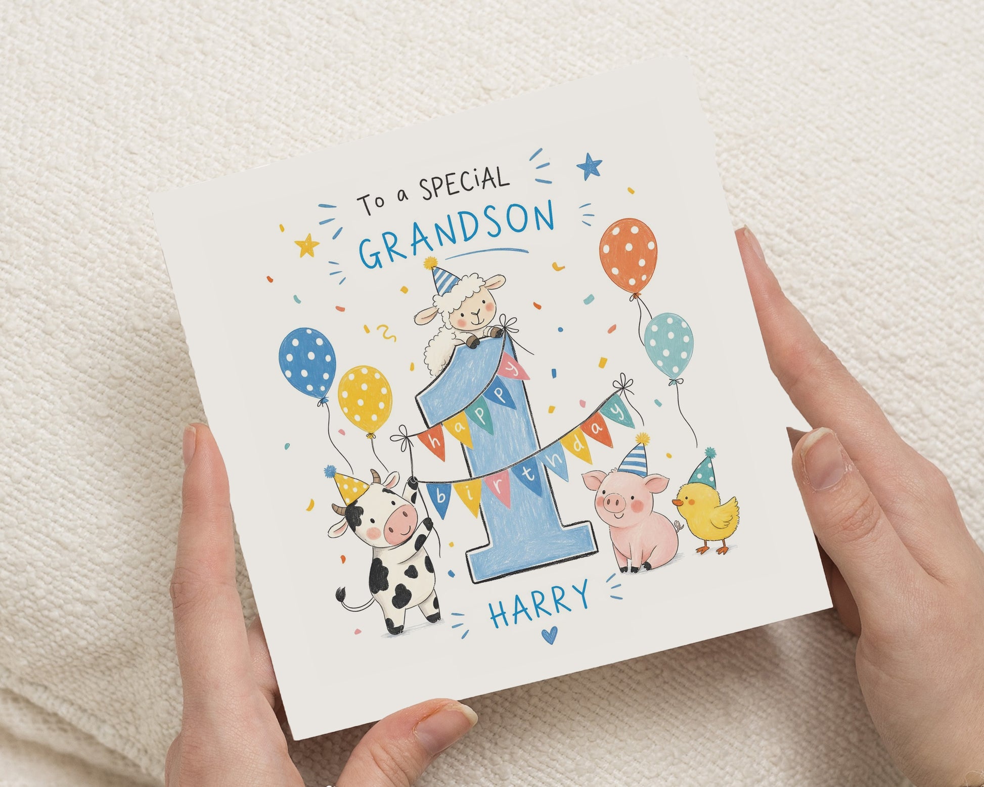 1st Birthday Card for Grandson, First Birthday Card, Personalised Birthday Card for Boy, Farm Animal Birthday Card, Cute Grandson Card