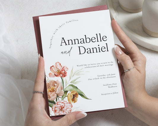 Floral Wedding Invitations, Blush Pink Watercolour Wedding Invite, Elegant Botanical Wedding Stationery, Personalised Invitation Suite