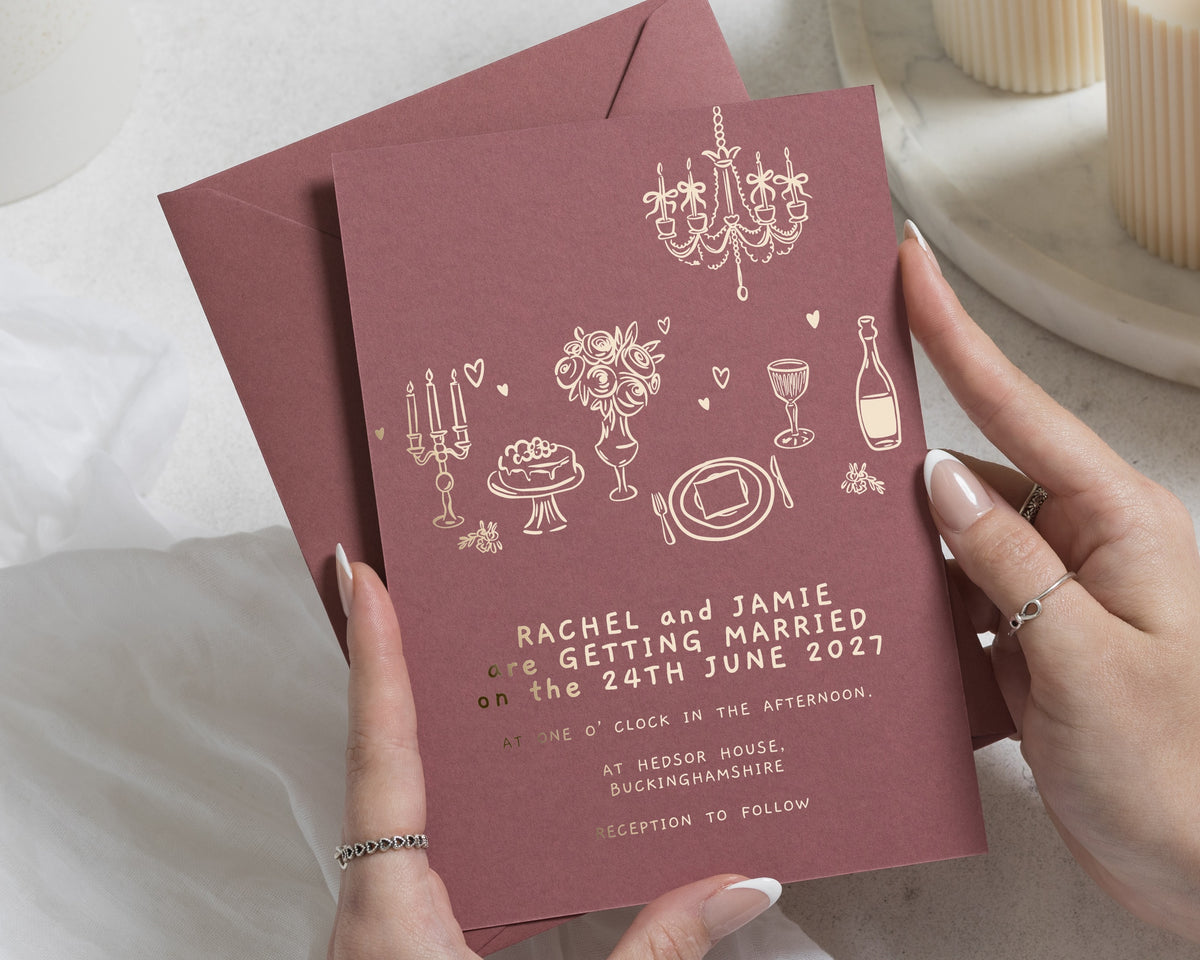 Gold Foil Wedding Invitations, Burgundy Illustrated Wedding Invite, Romantic Celebration Wedding Invitation, Personalised Wedding Invites