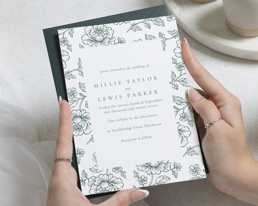 Green Botanical Wedding Invitations, Floral Wedding Invite, Elegant Garden Wedding Stationery, Personalised Invitation Suite