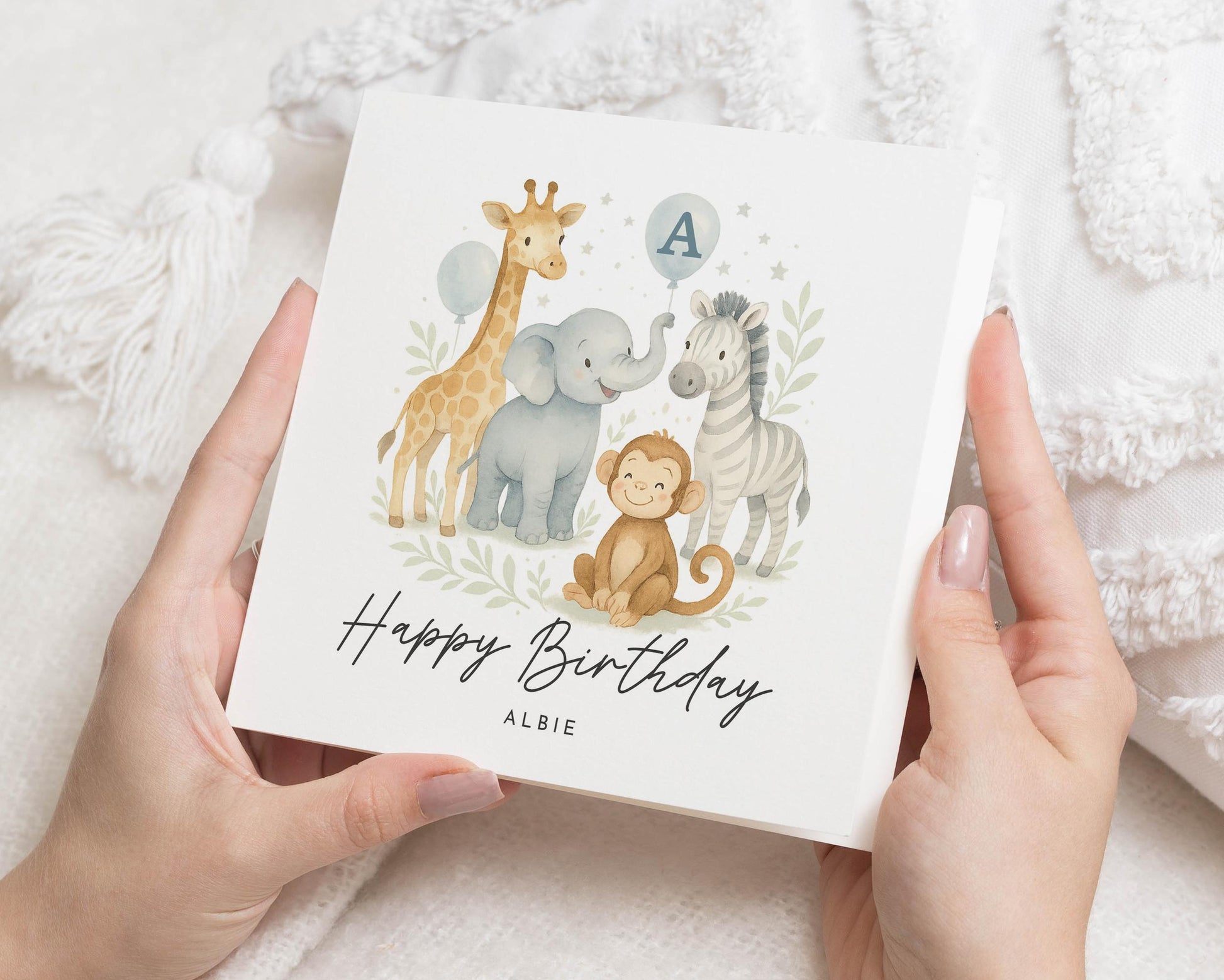 Birthday Card for Boy, Personalised Safari Birthday Card, Jungle Animal Birthday Card, Cute Birthday Card for Kids, Giraffe Elephant Monkey