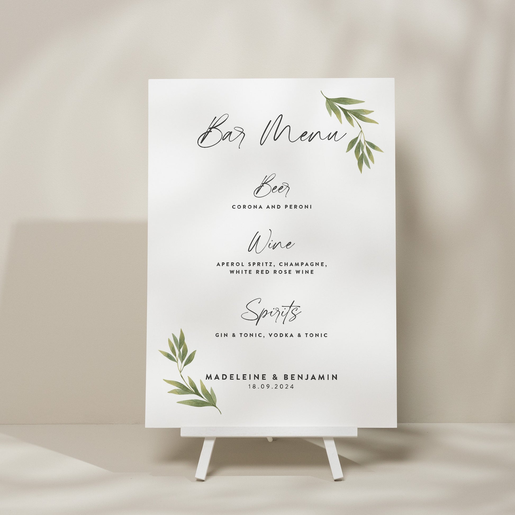 Personalised Drinks Menu Wedding Sign, Eucalyptus Bar Menu Wedding Sign, Minimalist Wedding Design, Botanical Wedding Signage &#39;Madeleine&#39;