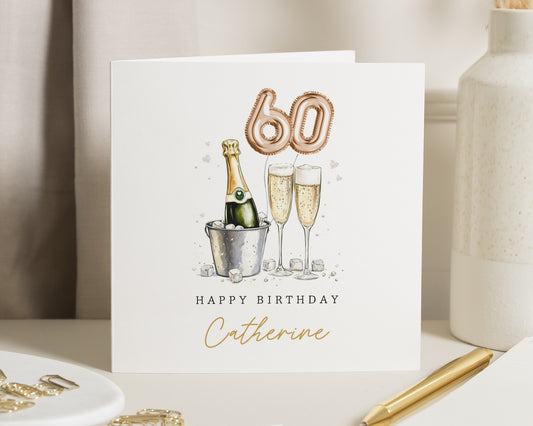 60th Birthday Card, Personalised Birthday Card for Her, Champagne Birthday Card, Custom 60th Birthday Card, Birthday Card for Women