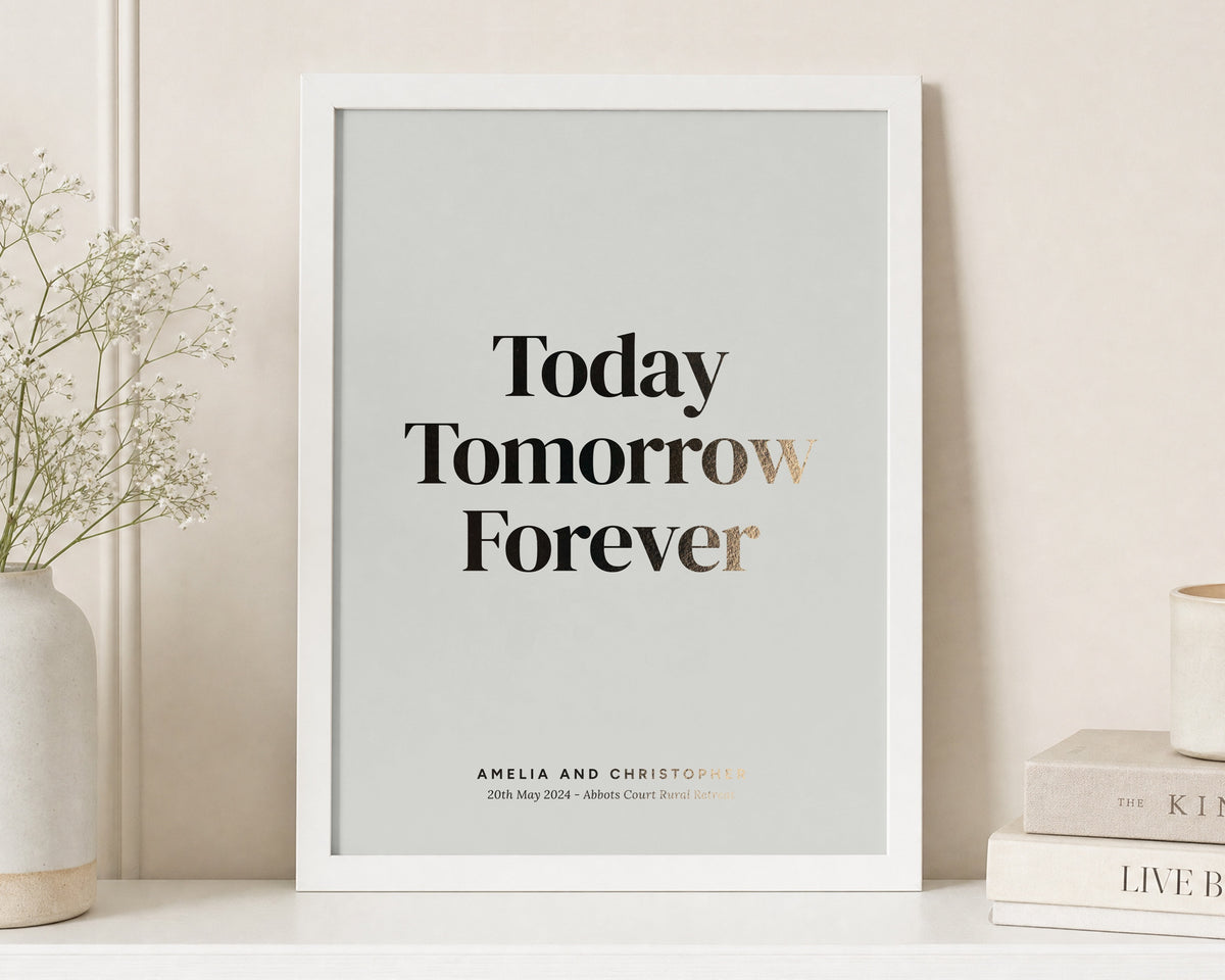 Personalised Gold Foil Couple Print, Muted Green Wall Art, Wedding Gift, Anniversary Gift, Today Tomorrow Forever Print